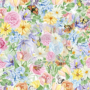 Beautiful retro pastel flowers seamless pattern. Hand painted floral design background with rose, crocus