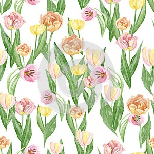 Beautiful retro pastel flowers seamless pattern. Hand painted floral design background with tulips