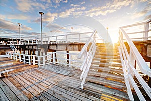 Beautiful retro pier at sunset. Gdansk Brzezno, Poland