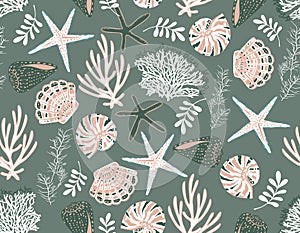 Beautiful Retro Seamless Marine Life Pattern Vector Seastar , Seashell , Corals , Seaweed Coral Shells vector Illustration