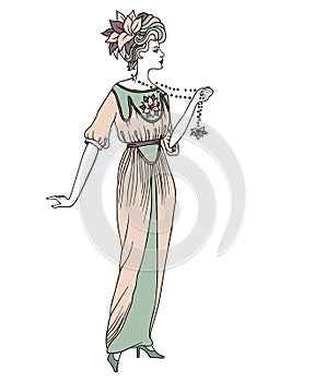 Beautiful retro style woman. Vector illustration. Copy space. Vintage girl with long beads.