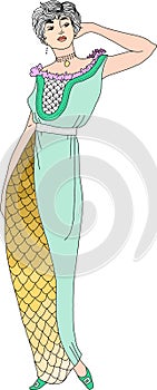 Beautiful retro style woman. Vector illustration. Vintage girl with long beads. Adult anti-stress coloring.