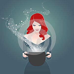 Beautiful retro styled red-haired girl holding a magic cauldron. Vintage witch casting a spell