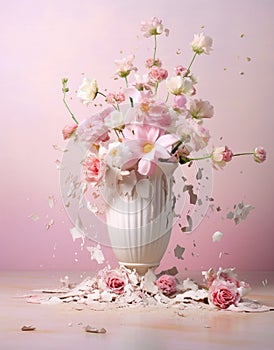 A beautiful retro white vase with pastel colored spring summer flowers on pastel pink background.