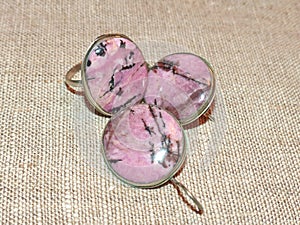 Beautiful rhodonite earrings and a ring. Rhodonite Greek. rose. Color-pink, cherry-pink or crimson.