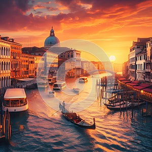 The beautiful Rialto Bridge with Grand Canal, in sunset colors, Venice, Italy, travel destination, boats sails, buildings