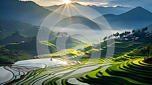 Beautiful rice fields at sunset. Generative Ai