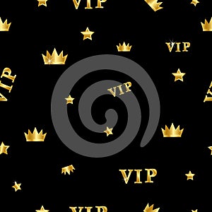 VIP seamless pattern with golden star and crown on transparent background