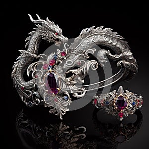Beautiful ring and necklace in the shape of dragon with precious stones, gold and platinum generated by artificial intelligence
