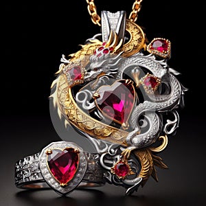 Beautiful ring and necklace in the shape of dragon with precious stones, gold and platinum generated by artificial intelligence