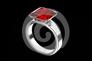 Beautiful Ring with Red Ruby and Silver Metal - 3D Illustration Render