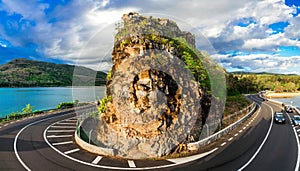 Beautiful ring road with rock - popular attraction in Mauritius