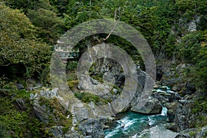 Beautiful rive with fresh blue water and long rock. In japan forest