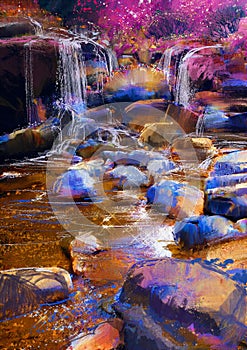 Beautiful river amongst colorful stones,waterfall