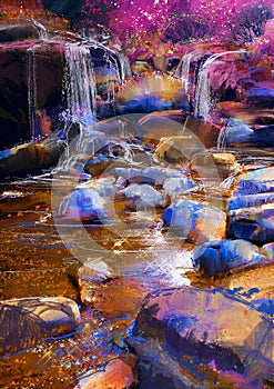 Beautiful river amongst colorful stones,waterfall photo
