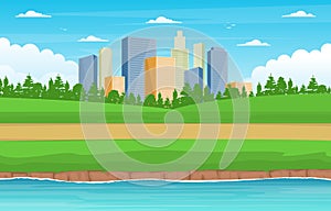 Beautiful River City Park Modern Building Skyline Landmark Illustration