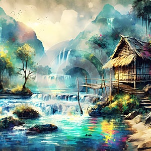 A beautiful river with crystal clear water, little waterfalls, old hut, rocks, tree, sky and clouds, nature, painting