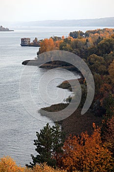 Beautiful river flows in autumn valley. Beautiful autumn landscape. Vytochiv, Ukraine