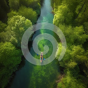 A beautiful river, a forest along the banks, a canoe boat floats along the river, a view from the top, aerial photography,