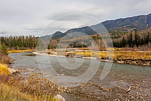 Beautiful river landscape in late fall. Bow River in the Banff National Park, Canada