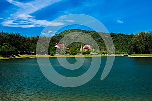 Beautiful river park trees green grass over blue sky