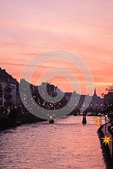 Beautiful on river Rhein in Strasbourg during sunset