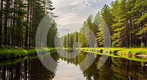 Calm River Reflection in Untouched Pine Forest Landscape