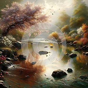 A beautiful river with small rocks on it, reflection water, wild flowers, blossoms tree, realistic painting, nature view