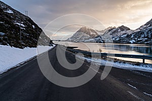 Beautiful road in Lofoten island in winter season, Nordland in Norway, Scandinavia