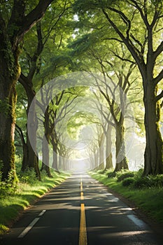 Beautiful A road with a row, through a tunnel forms of old oak trees of dense forest