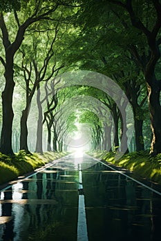 Beautiful A road with a row, through a tunnel forms of old oak trees of dense forest