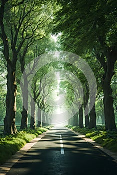 Beautiful A road with a row, through a tunnel forms of old oak trees of dense forest