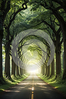 Beautiful A road with a row, through a tunnel forms of old oak trees of dense forest