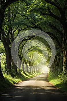 Beautiful A road with a row, through a tunnel forms of old oak trees of dense forest