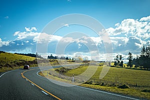 Beautiful road with trees on the sides and clouds in the background towards Mount Cook, New Zealand