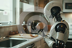 beautiful robot preparing breakfast in the kitchen. created by ai