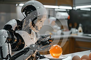beautiful robot preparing breakfast in the kitchen. created by ai