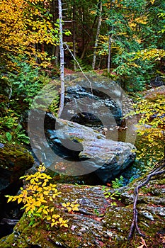 Beautiful rock with circle carved out of it along fall river gorge from above