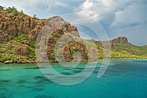 Beautiful rock formations at blue lagoon on stormy day