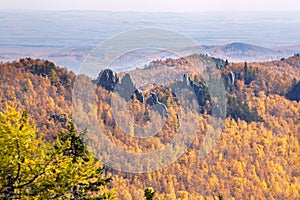 beautiful rock outcrops on the Alabia ridge in the Ural mountains photo