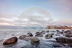 Beautiful rocks at Uttakleiv Beach, Lofoten Islands, Norway, Scandinavia, long exposure