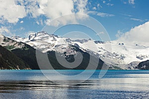 Beautiful Rocky mountain peaks towering over lake