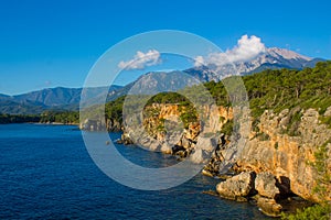 Beautiful rocky ocean coast waves meet rocks