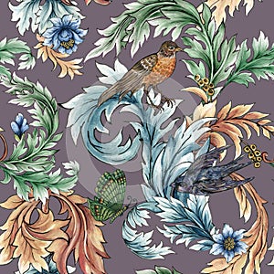 Beautiful rococo baroque with tropical forest flowers and birds tree spring branches leaves pattern