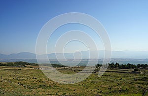 Beautiful Roman ancient ruins of hierapolis Pamukkale with meadow field