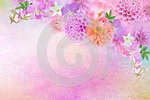 Beautiful romance dahlia, roses and orchid flowers border in colorful glitter background