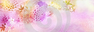 Beautiful romance dahlia, roses and orchid flowers border in colorful glitter background for header or banner