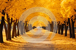 Beautiful romantic alley in a park with yellow trees and sunlight