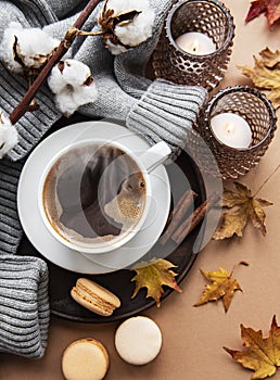 Beautiful and romantic autumn composition with  cup of coffee