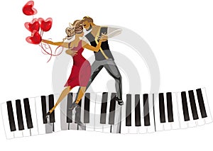 Beautiful romantic couple in passionate Latin American dances on the piano with hearts. Salsa festival.